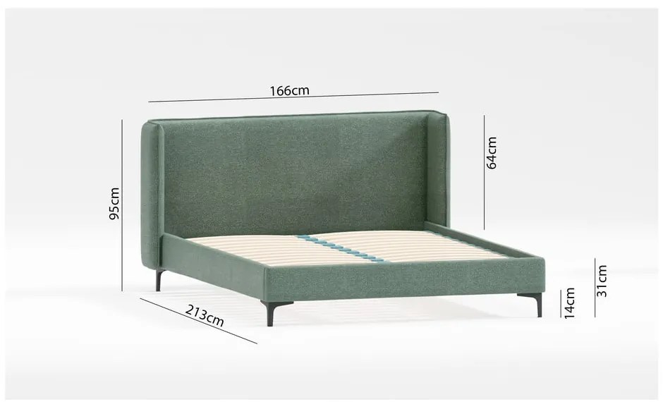 Pat matrimonial verde tapițat cu somieră 160x200 cm Basti – Ropez