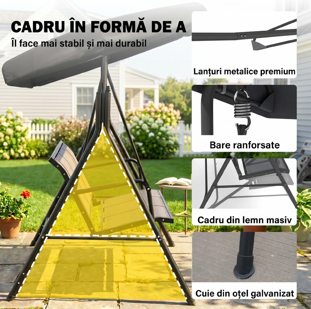 Outsunny Leagăn de Grădină pentru 3 Persoane cu Acoperiș, Șezut Respirabil și Cadru din Oțel, Negru | Aosom Romania
