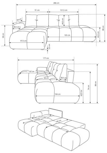 Colțar extensibil tapițat ALMADA, cu spațiu de depozitare, în L, stânga, antracit