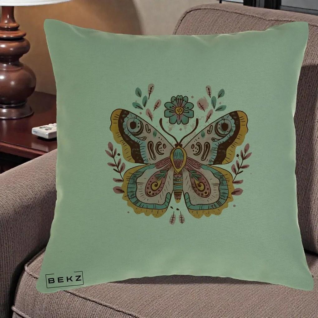 Perna Decorativa Fluture Boho Floral, 40x40 cm, Verde, Husa Detasabila, Perna Inclusa, BEKZ®