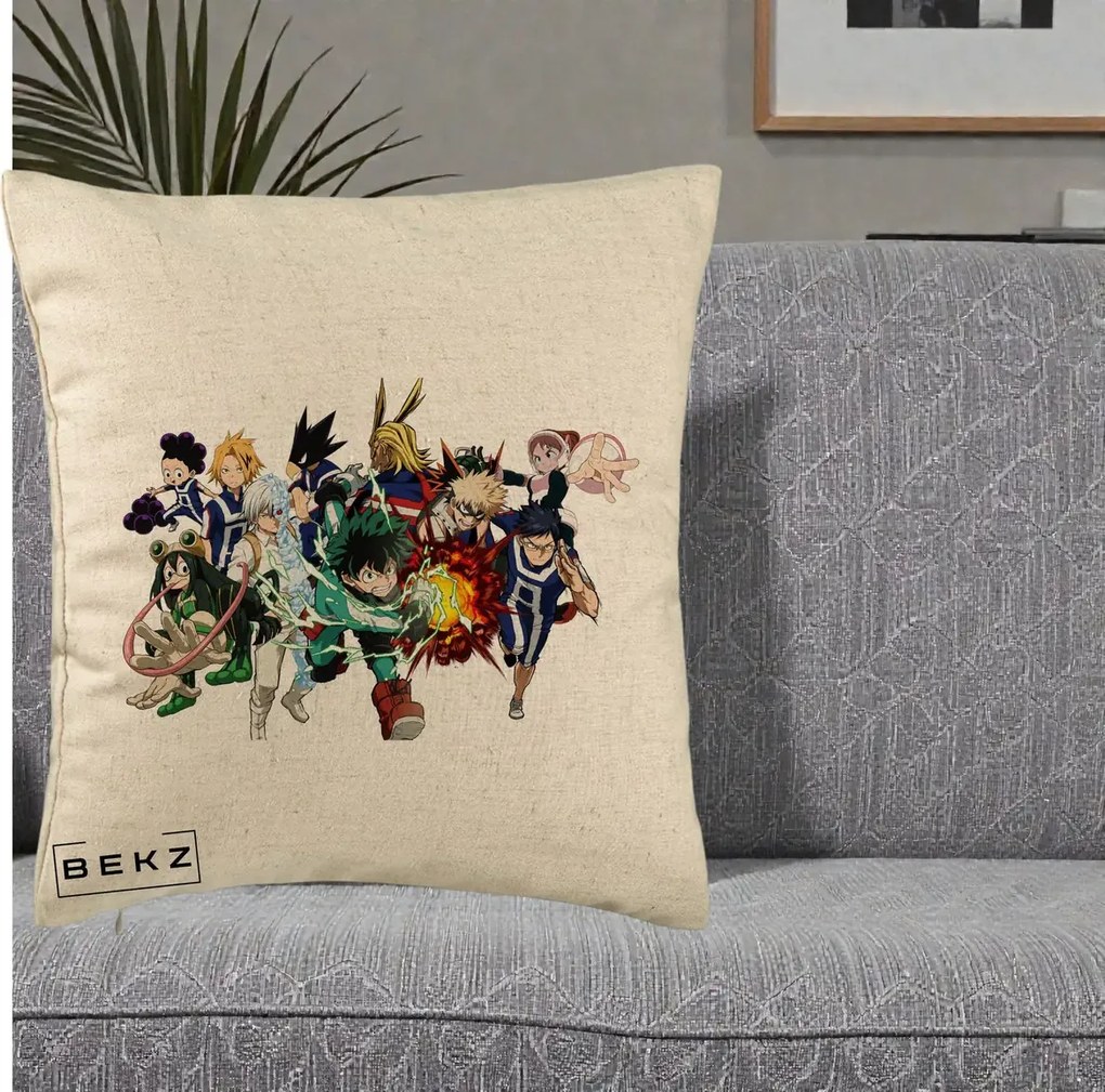 Perna Personalizata My Hero Academia Clasa 1-A Complet, 40x40 cm, Bej, Husa Detasabila, Perna Inclusa, BEKZ®