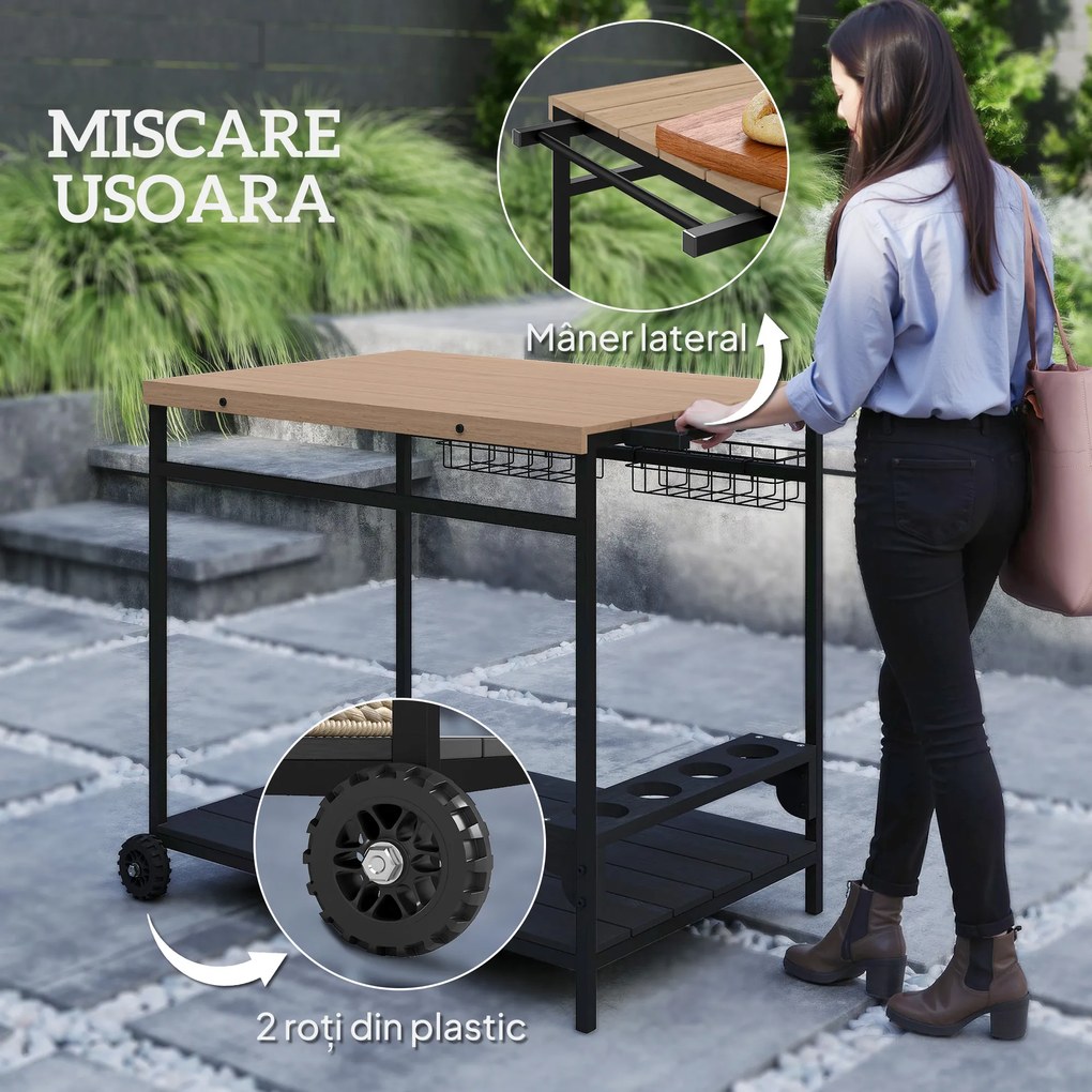Outsunny Cărucior Bar Exterior cu Roți Mâner Lateral 2 Coșuri 4 Suporturi Vin | Aosom Romania
