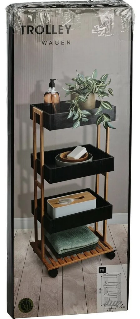 Raft de depozitare pe roți Bamboo, negru, 40 x87,5 x 30 cm