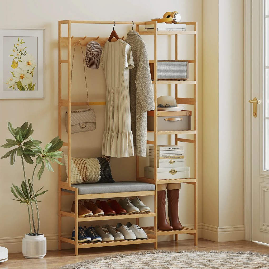 HOMCOM Cuier cu raft pentru pantofi, cârlige pentru haine, suport pentru paltoane, bancă cu pernă, pentru hol, intrare, lemn natural | Aosom Romania