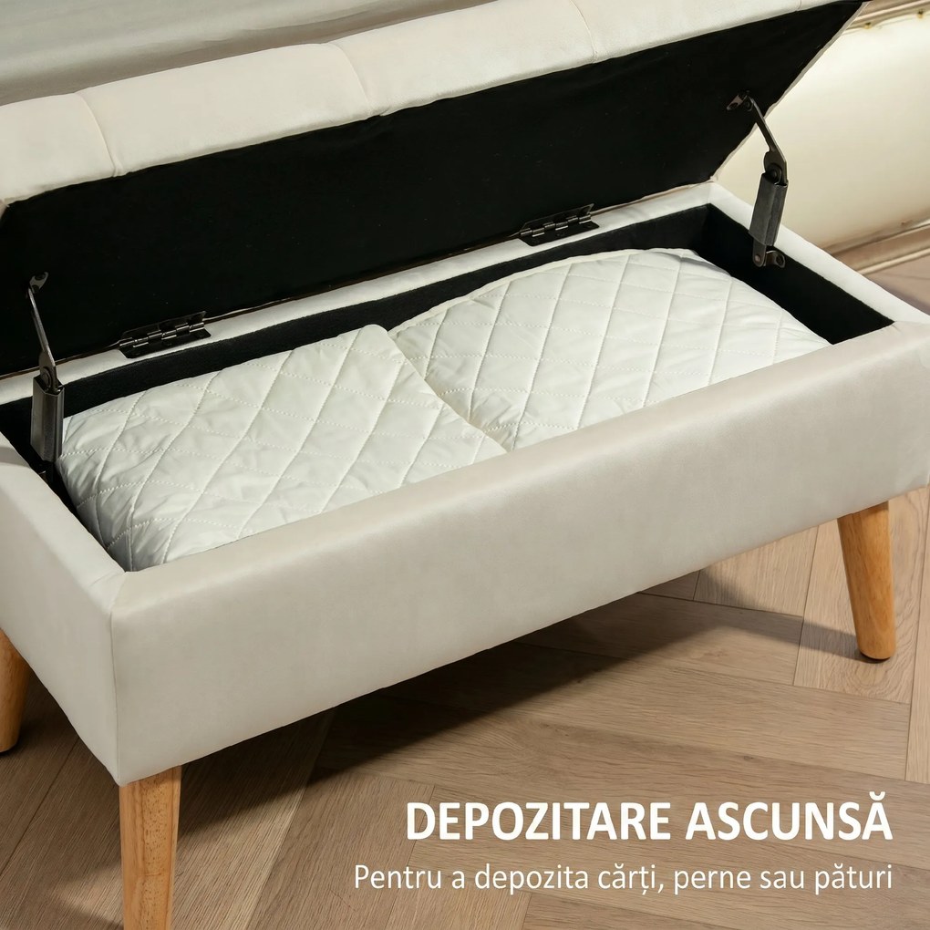 HOMCOM Taburet cu Depozitare In Catifea Picioare In Lemn Di Cauciuc 80x35x42 cm Crem | Aosom Romania