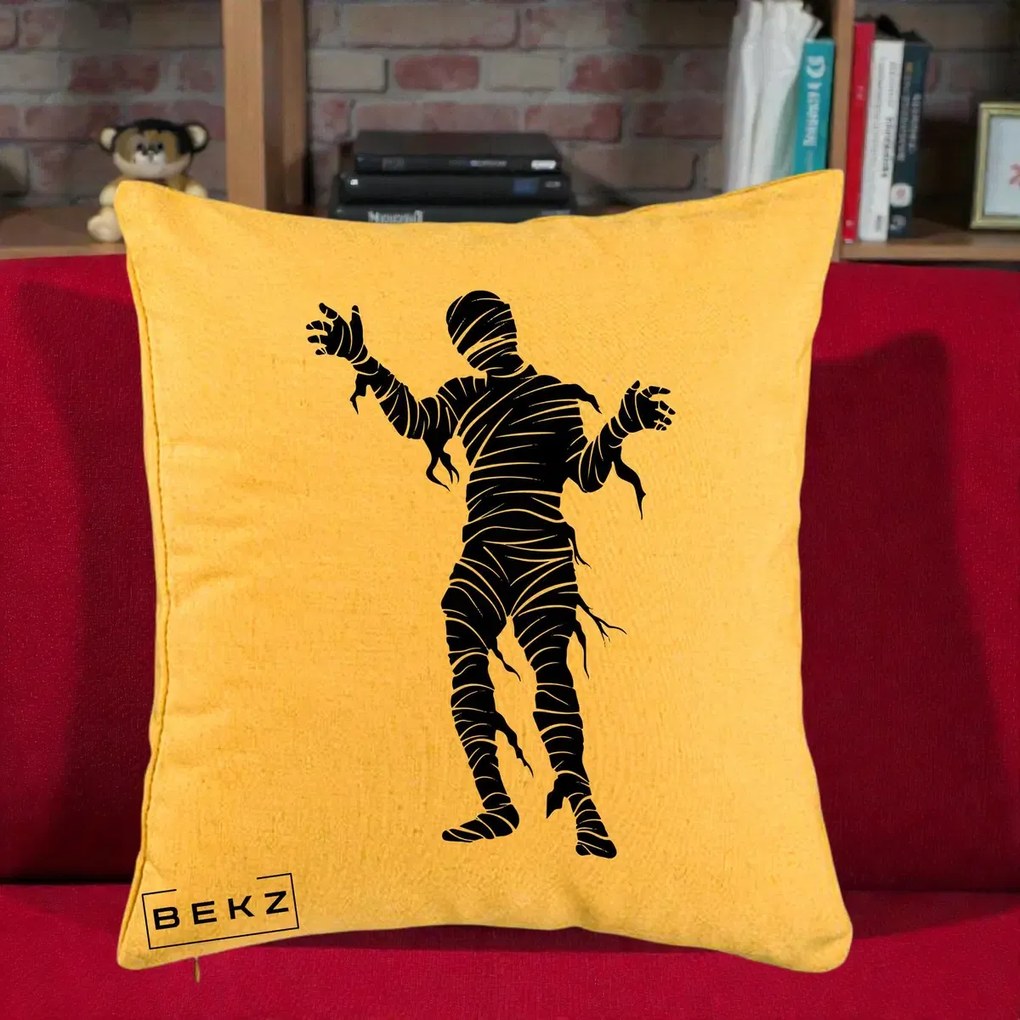 Perna Decorativa Mormii Infricosat Silueta Neagra Halloween, 40x40 cm, Galben, Husa Detasabila, Perna Inclusa, BEKZ®