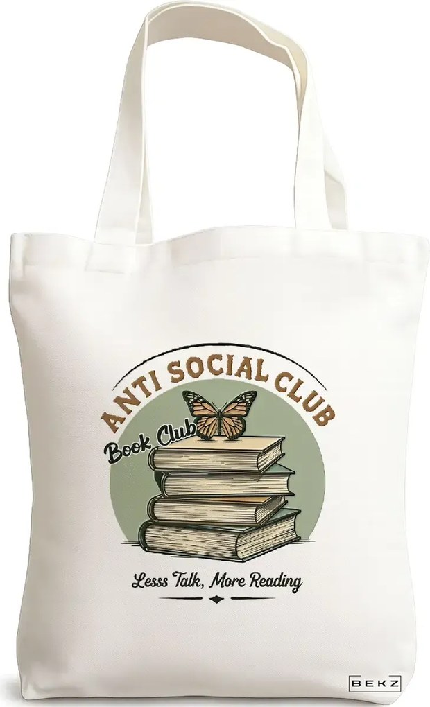 Sacosa de Panza pentru Cumparaturi, Geanta Tote, model Anti social Book Club 38 x 34.5 cm, Alba, BEKZ®