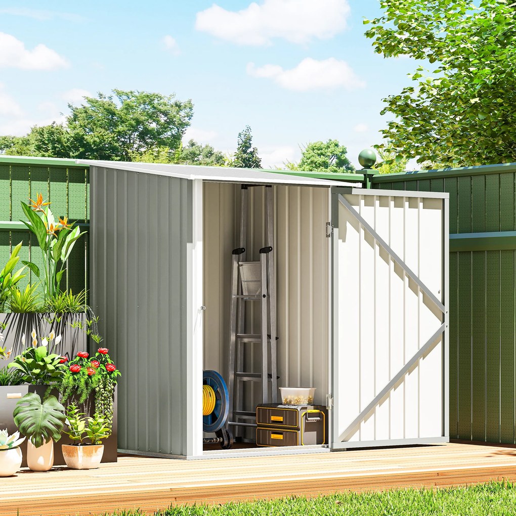 Outsunny Căsuță de Grădină 0.92m² din Oțel Galvanizat, Depozit pentru Unelte cu Ușă Batantă și Sistem de Blocare, Acoperiș Înclinat, 100x104x160 cm, Gri Deschis | Aosom Romania