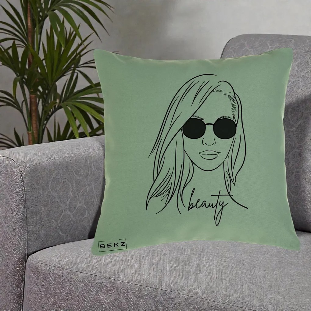 Perna Decorativa Beauty Girl Line Art, 40x40 cm, Verde, Husa Detasabila, Perna Inclusa, BEKZ®