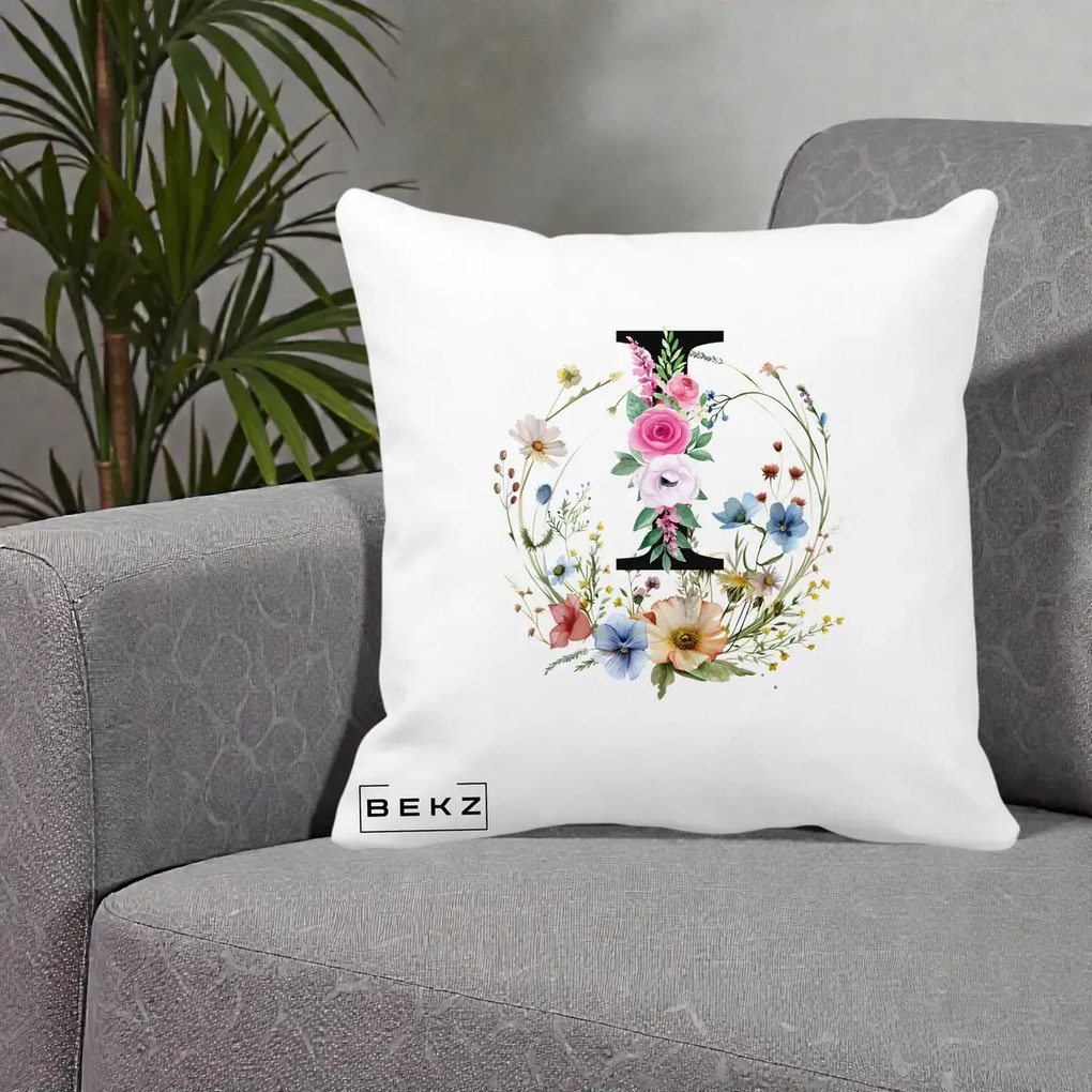 Cadou Personalizat - Perna Personalizata Monogram Litera I cu Flori Acuarela, 40x40 cm, Alba Mata, Husa Detasabila, Perna Inclusa, BEKZ®