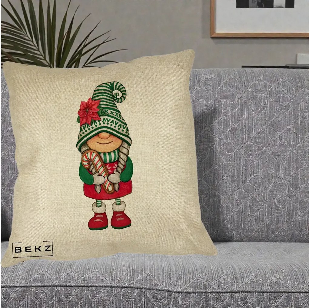 Perna Decorativa Gnom Craciun Verde cu Bomboane si Floare, 40x40 cm, Crem, Husa Detasabila, Perna Inclusa, BEKZ®
