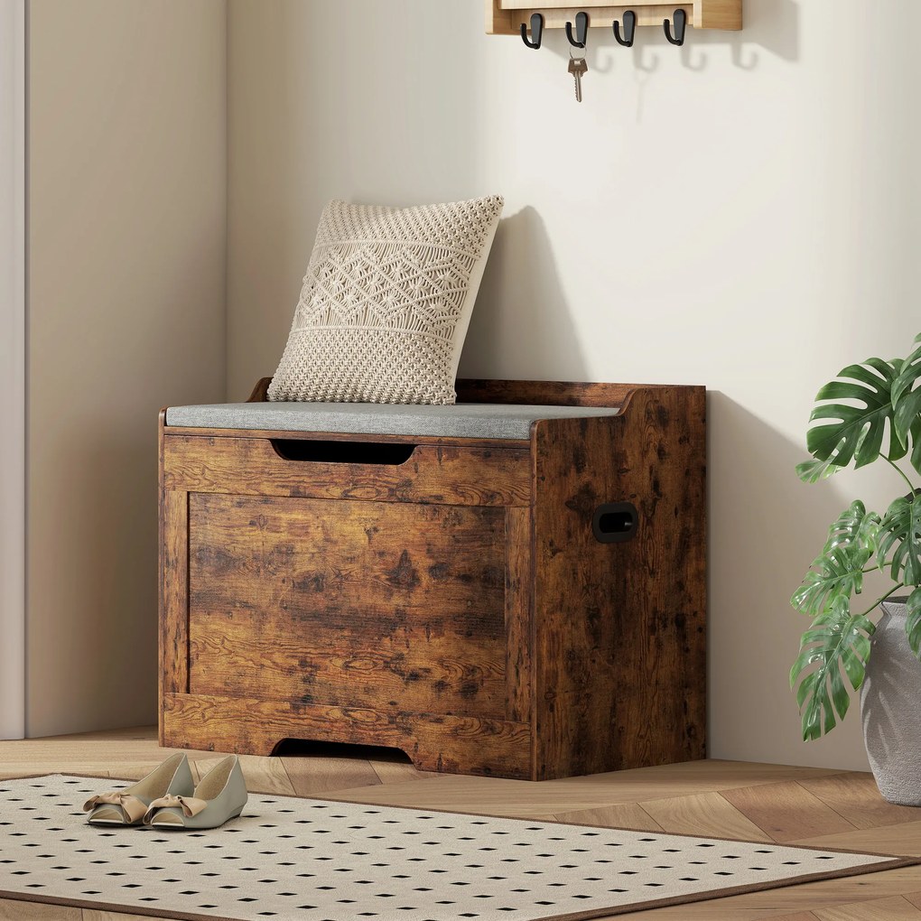 HOMCOM Bancă de Depozitare de 103L Multifuncțională, nuanță de Lemn cu Pernă din Țesătură Gri, 75x40x56 cm | Aosom Romania