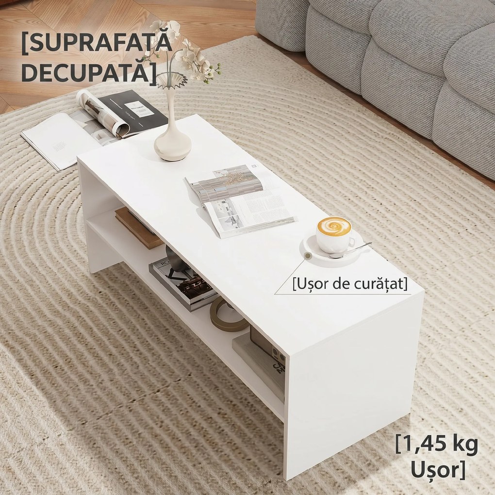 HOMCOM Masă de Cafea Modernă cu 2 Niveluri, cu Raft Deschis și Picioare Antiderapante, 100x40x41,5 cm, Alb | Aosom Romania
