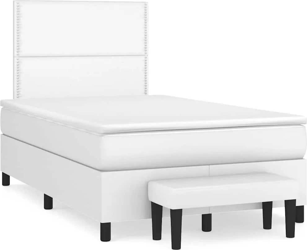 vidaXL Pat box spring cu saltea, alb, 120x190 cm, piele ecologică