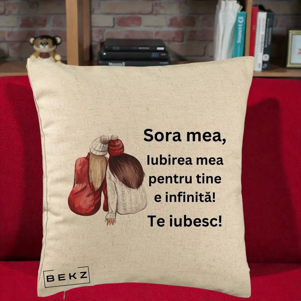 Cadou pentru Sora - Perna Personalizata Sora Mea Te Iubesc Doua Fete Iarna Acuarela, 40x40 cm, Bej, Husa Detasabila, Perna Inclusa, BEKZ®
