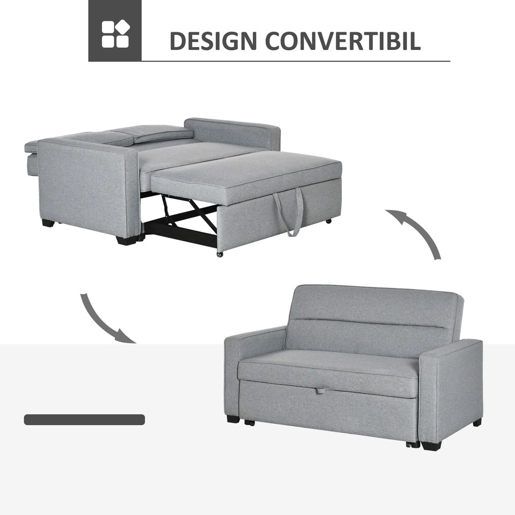 HOMCOM Canapea extensibila 2 locuri, cu spatar reglabil pe 3 niveluri, pentru Sufregerie, din material textil, 154x87x89cm, gri | Aosom Romania