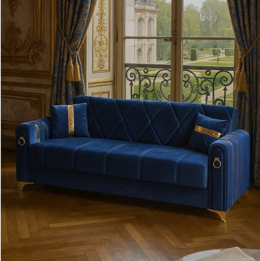 Canapea extensibila cu lada de depozitare 220x87x93 cm ,albastru, detalii aurii –Camara