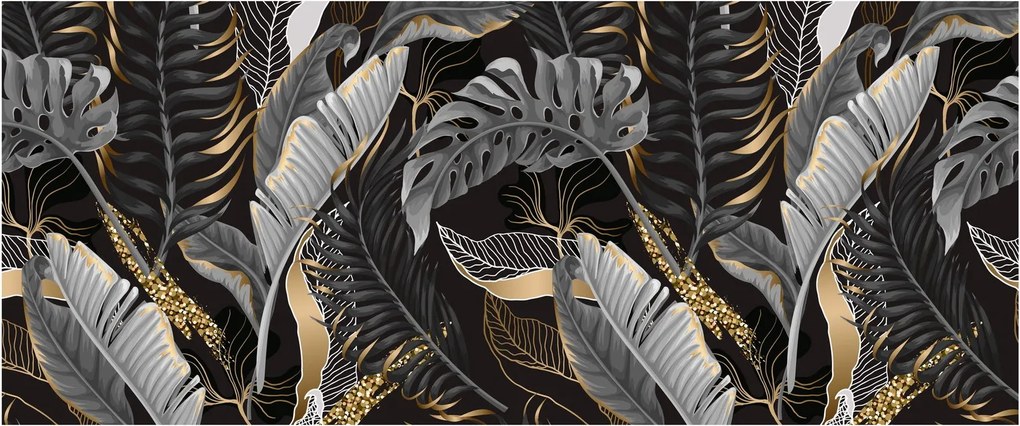 Tablou - Frunze tropicale, Galben - auriu (120x50 cm)