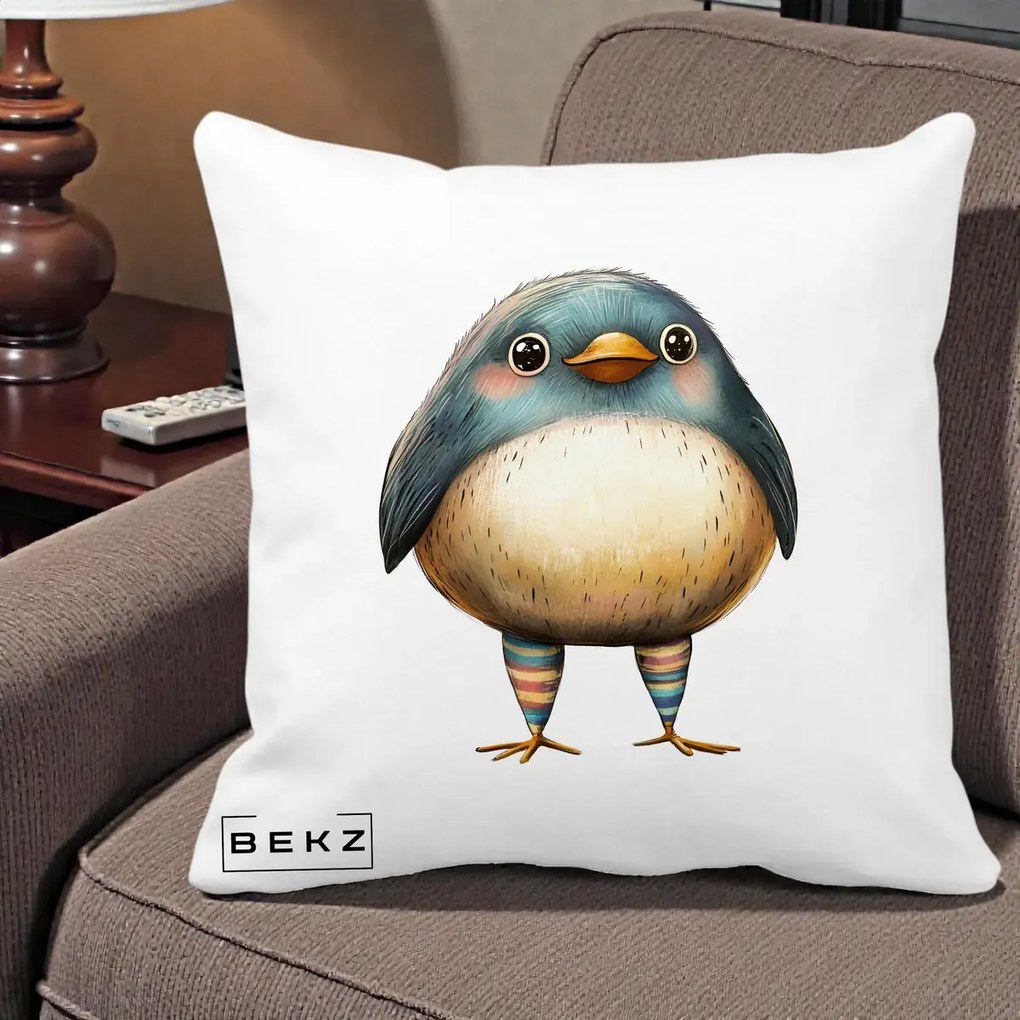 Perna Decorativa Pasare Teal-Bej cu Sosete Curcubeu, 40x40 cm, Alba Mata, Husa Detasabila, Perna Inclusa, BEKZ®