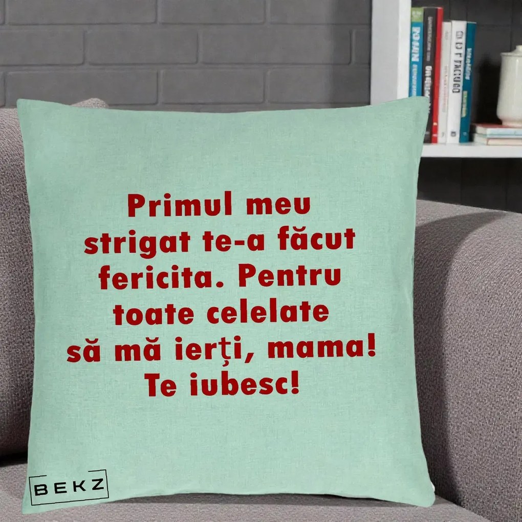 Cadou pentru Mama - Perna Personalizata Primul Strigat Mama, 40x40 cm, Verde Menta, Husa Detasabila, Perna Inclusa, BEKZ®