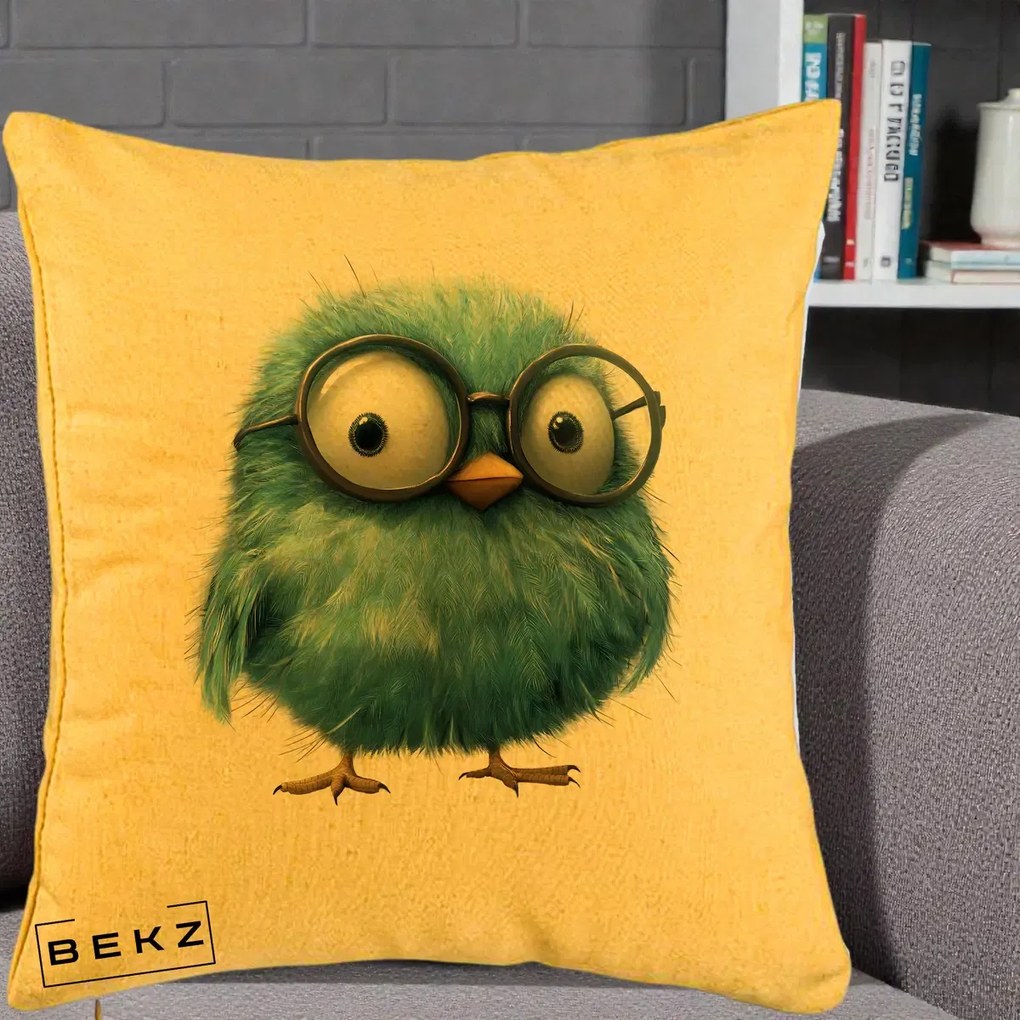 Perna Decorativa Pui Pufos Teal cu Ochelari, 40x40 cm, Galben, Husa Detasabila, Perna Inclusa, BEKZ®