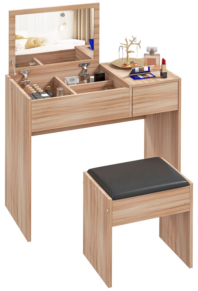 HOMCOM Masă de machiaj cu taburet Masă de machiaj cu oglindă capac rabatabil și compartimente 80x40x79 cm și 40x30x40 cm | Aosom Romania