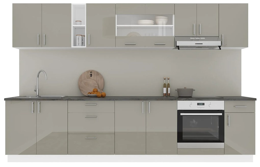 Set Bucatarie Karo V28, Gri Lucios/Alb, MDF, Blat Thermo 28 mm, L 320 cm