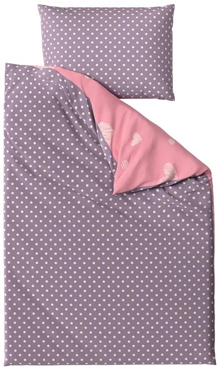 Lenjerie de pat din bumbac, reversibila, INIMI SI BULINE roz
