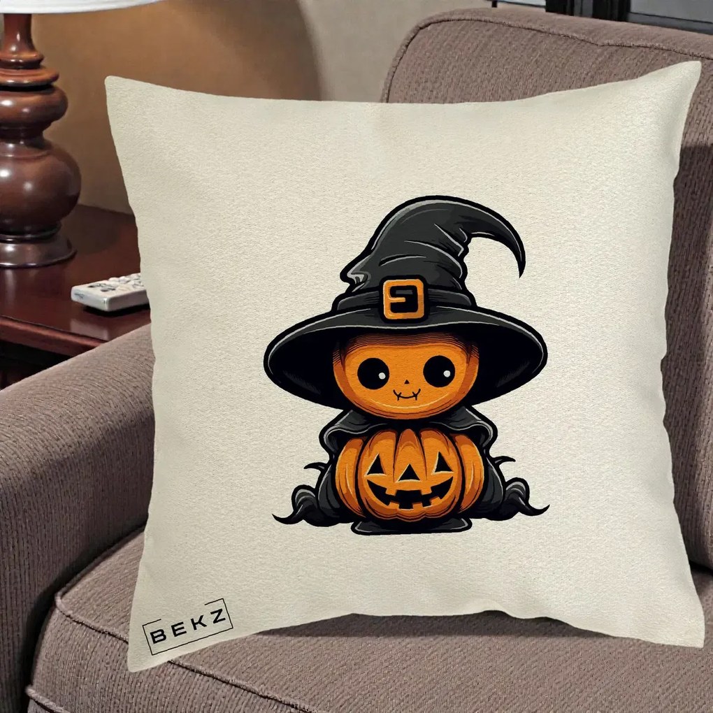 Perna Decorativa Halloween Dovleac Vrajitor Kawaii, 40x40 cm, Ecru, Husa Detasabila, Perna Inclusa, BEKZ®