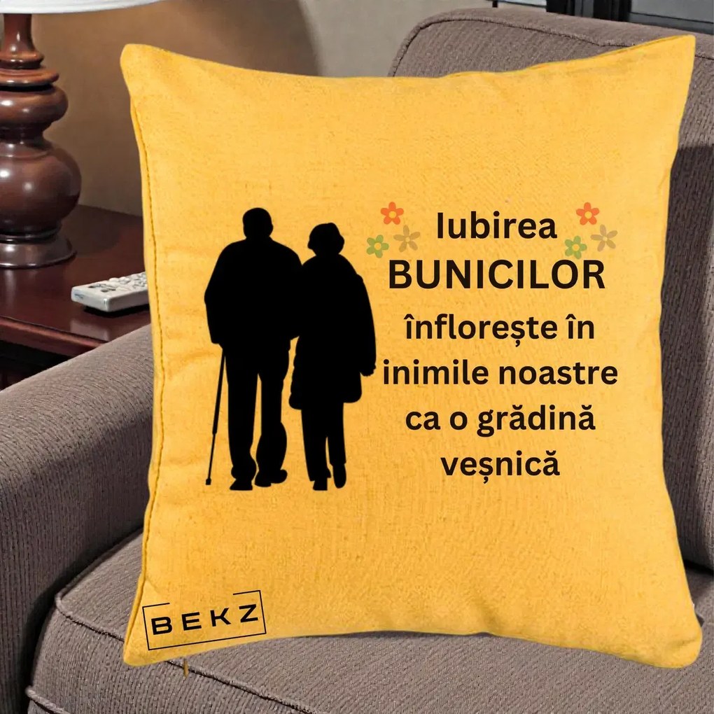 Cadou pentru Bunici - Perna Personalizata Bunicii Iubirea Infloreste Silueta Neagra Flori, 40x40 cm, Galben, Husa Detasabila, Perna Inclusa, BEKZ®