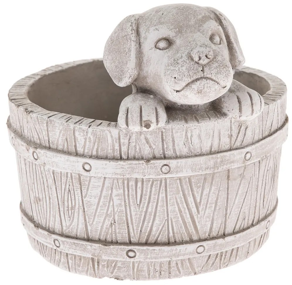 Husă din beton pentru ghiveci Câine în butoi marodeschis, 17 x 19 cm