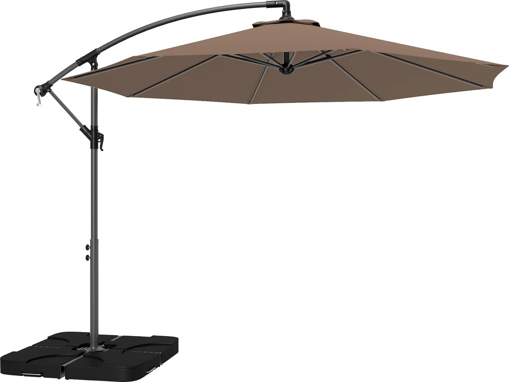 Outsunny Umbrelă Suspendată cu Bază în Cruce, Greutăţi, Manivelă și Protecţie UV, Ø3x2.5 m, Cafeniu | Aosom Romania