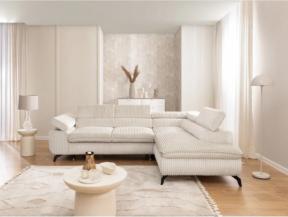 Colțar crem cu tapițerie din catifea reiată (cu colț pe partea dreaptă/în formă de ”L”) Marbeya – Ropez