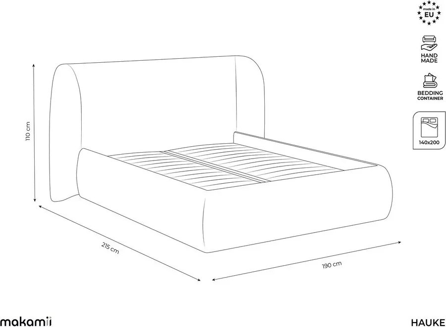 Pat matrimonial gri deschis tapițat cu spațiu de depozitare cu somieră 140x200 cm Hauke – Makamii