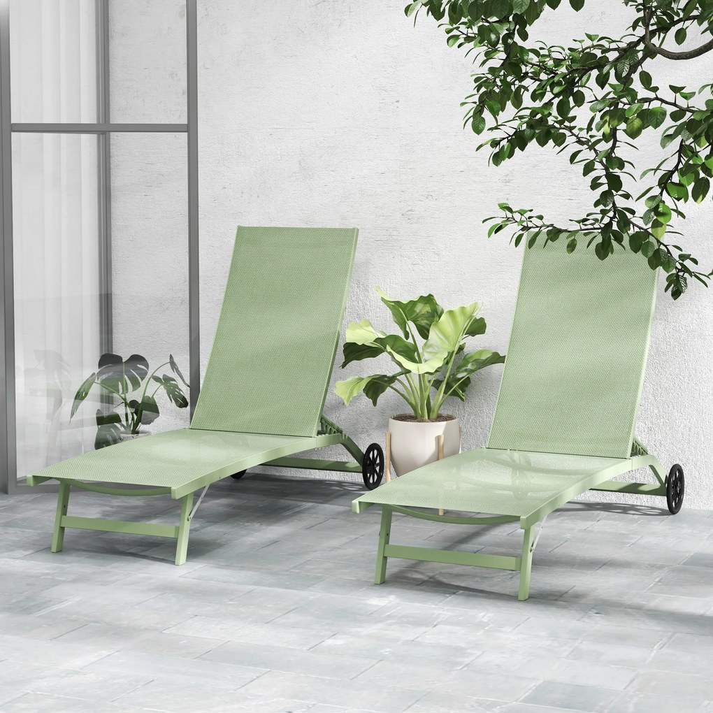 Outsunny Set de 2 șezlonguri din aluminiu și textilenă cu roți spătar rabatabil sarcină max. 150 Kg verde închis | Aosom Romania