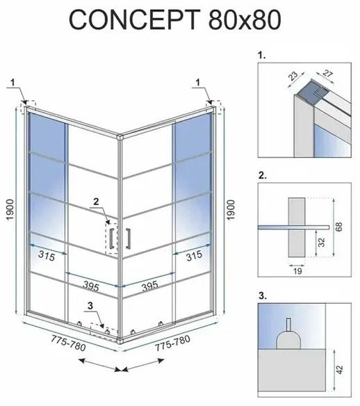 Cabina de dus patrata Rea Concept cu usi glisante 80x80 negru mat