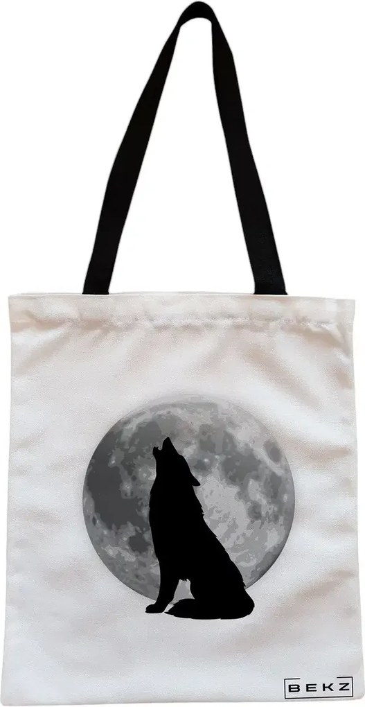 Sacosa de Panza pentru Cumparaturi, Geanta Tote, model Lup si Luna, Cu fermoar, 38x34.5 cm, Alba, BEKZ®