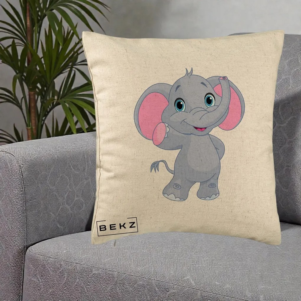 Perna Decorativa Pui de Elefant Kawaii, 40x40 cm, Bej, Husa Detasabila, Perna Inclusa, BEKZ®