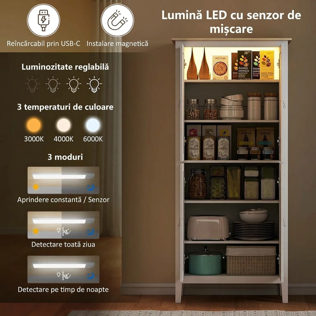 HOMCOM Bufet Înalt de Bucătărie 177 cm, Dulap cu Lumină LED, Reglabil în 3 Culori, Rafturi Ajustabile, Alb | Aosom Romania