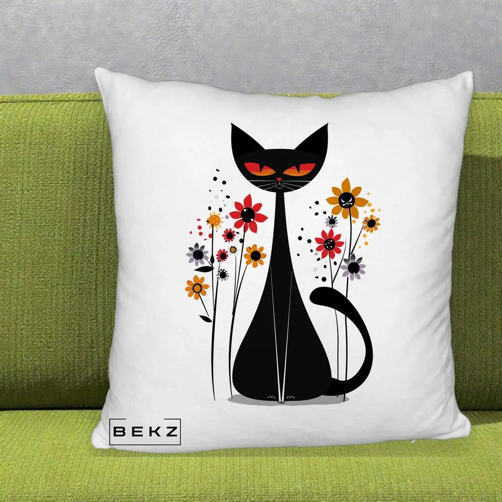 Perna Decorativa Pisica Neagra Ochi Rosii Flori, 40x40 cm, Alb Pufos, Husa Detasabila, Perna Inclusa, BEKZ®