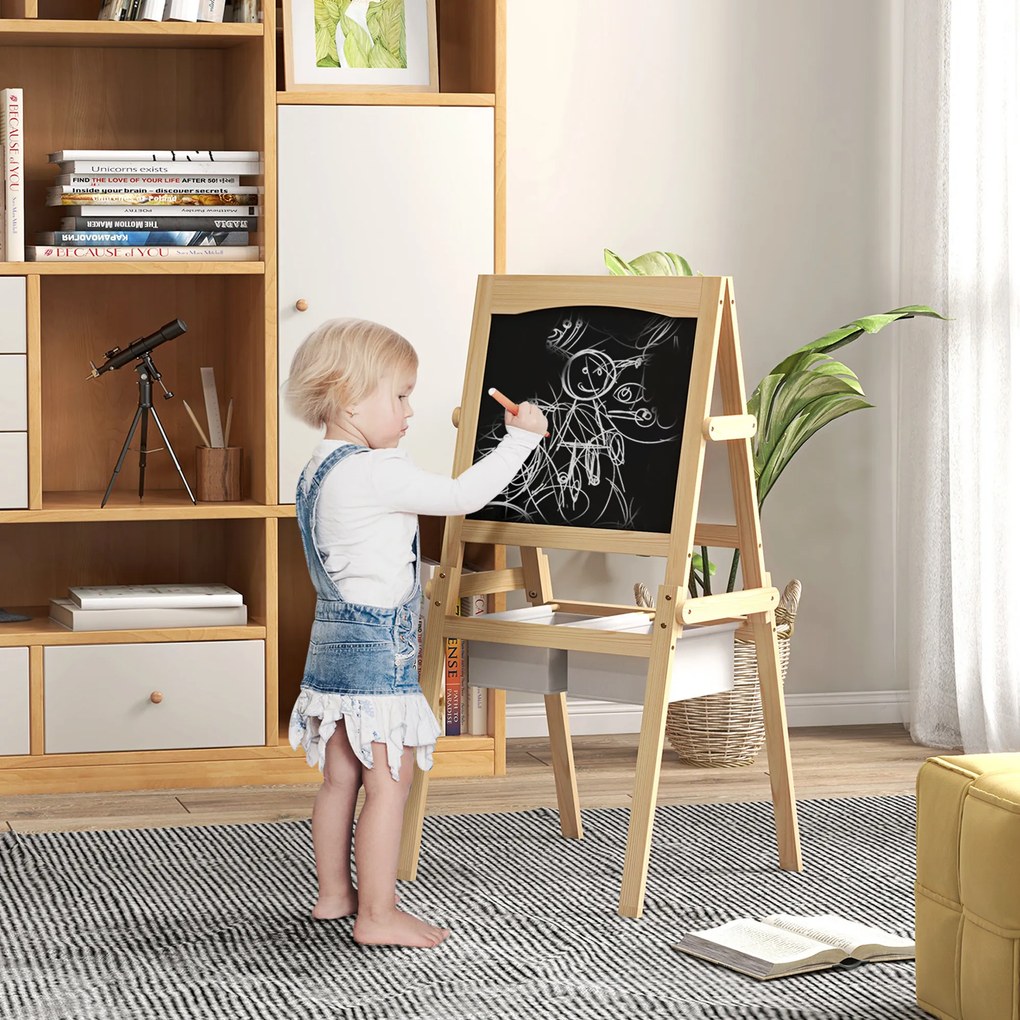 AIYAPLAY Sevalet Creativ 3 în 1 pentru Copii, cu Rola de Hârtie, Tablă pentru Creion și Cretă, Educațional, Lemn Natural, 3-6 Ani | Aosom Romania