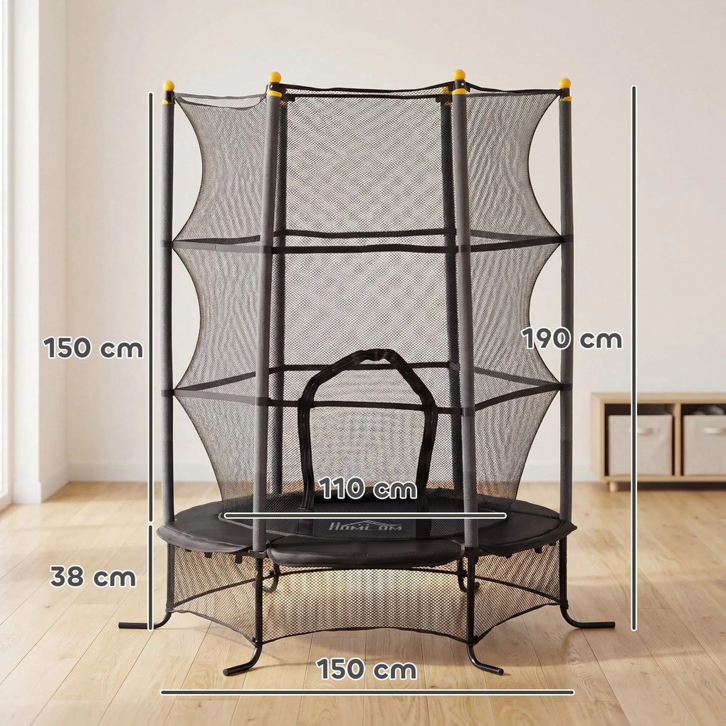 HOMCOM Trambulină pentru Copii 3-10 Ani cu Plasă de Siguranță, Suprafață Elastică cu Bare Capitonate, Ø163x190 cm, Negru | Aosom Romania