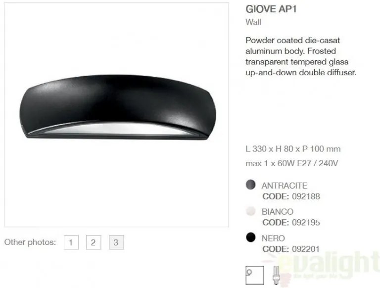 Aplica de perete exterior, cu iluminat up-and-down, IP54, GIOVE AP1 NERO 092201