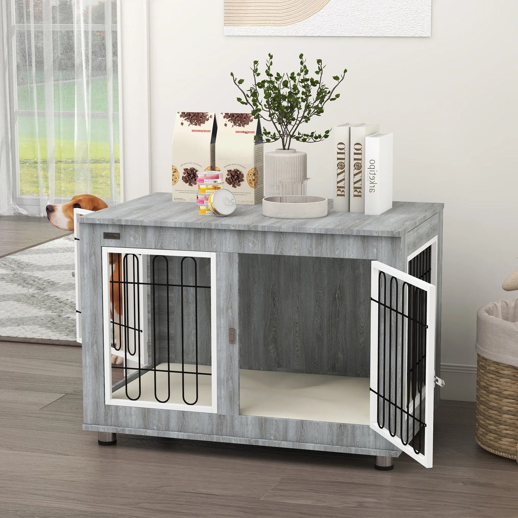 PawHut Cage pentru câini animale cușcă de câini pe picioare cu pernă detașabilă oțel aspect lemn 90 x 58 x 65 cm gri | Aosom Romania