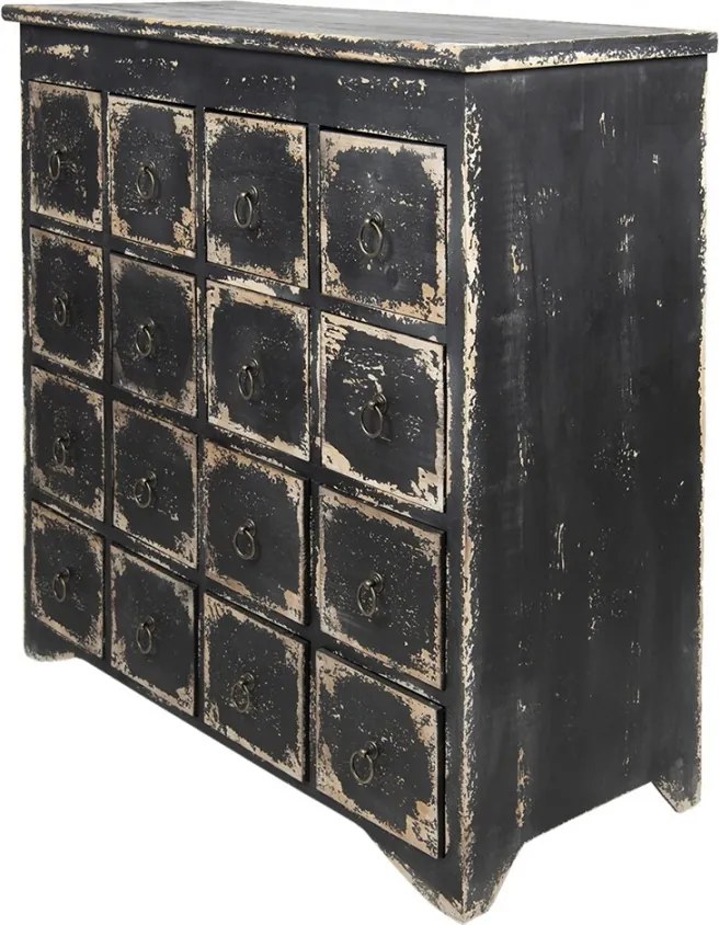 Comodă cu multe sertare, vintage, din lemn, negru, cu 16 sertare și mânere cu inel din metal, 96 x 96 x 40 cm, „Marquise”