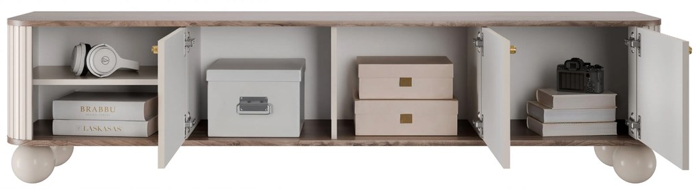 Comodă TV Vesper 3D 187 cm - cașmir / nuc / mânere aurii / picioare sferice