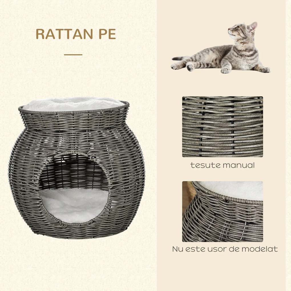 PawHut Coș pentru Pisici din Rattan PE cu 2 Niveluri, Zonă de Zgâriat și Cușcă, Perne de Plus Lavabile, Diametru Φ50x43.5cm, Gri Închis | Aosom Romania