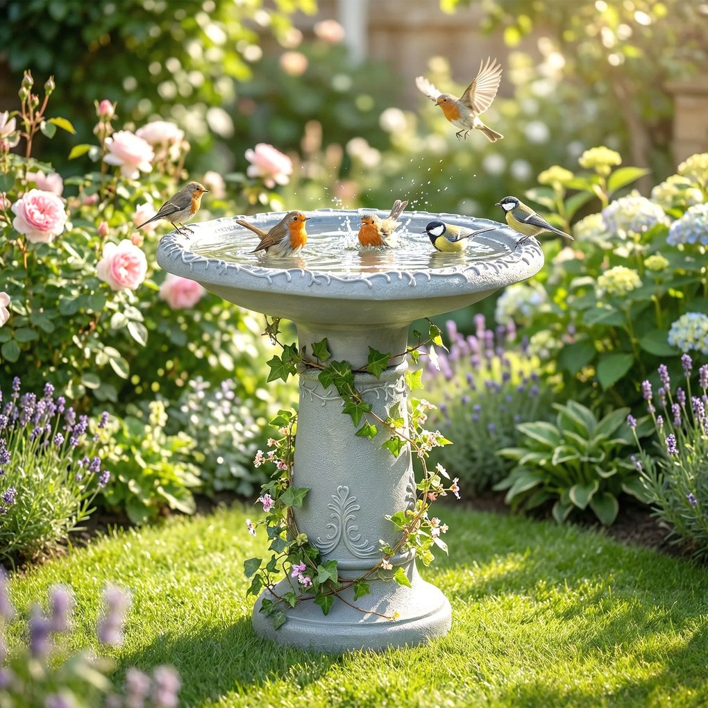 Outsunny Bazin pentru păsări din rășină pentru exterior, bazin rotund înalt de 51 cm cu aspect de piatră, suport independent pentru hrană pentru păsări, Gri | Aosom Romania