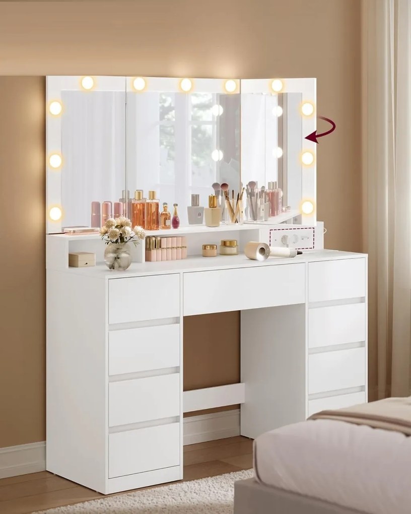 Masuta machiaj cu Oglinda LED si 9 Sertare pentru Cosmetice, Set Masa toaleta 107 cm, Alb, masuta cosmetica, vanity - SEA11