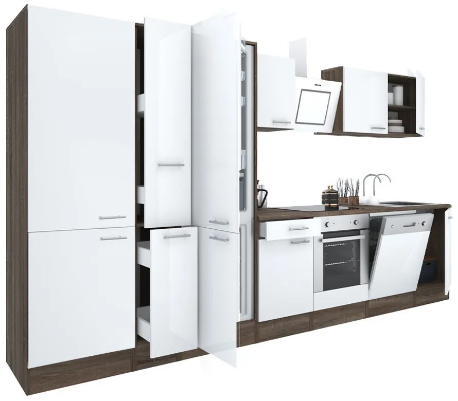 Mobilă de bucătărie Yorki 370, corp din stejar Yorki, față alb satinat cu element cuptor inferior, dulap cu rafturi și frigider congelator inferior.